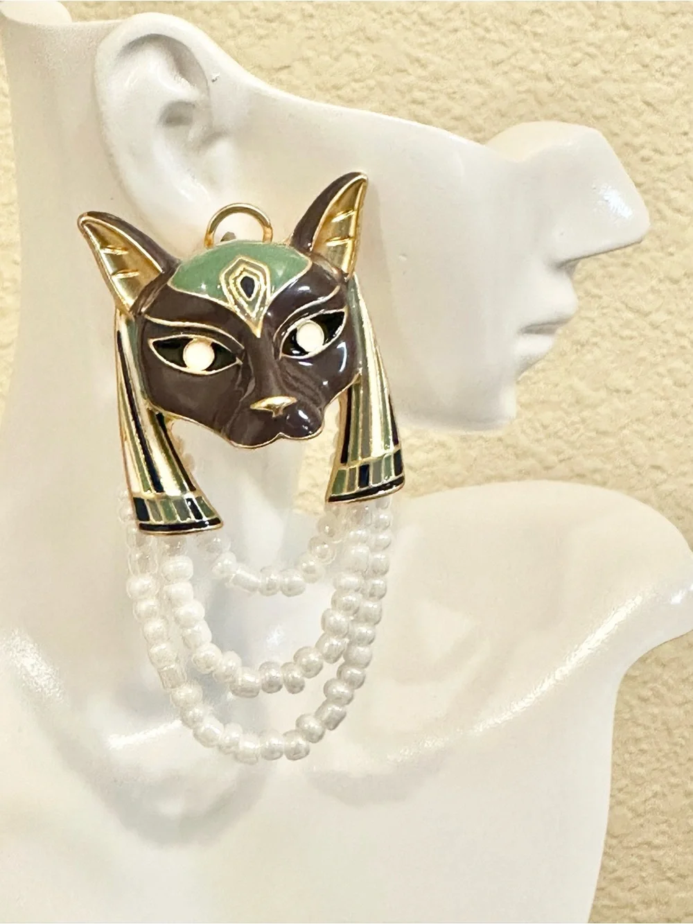 Chunky Gold-Plated Egyptian Cat Earrings - Purple, Green & Gold w/ White Beads